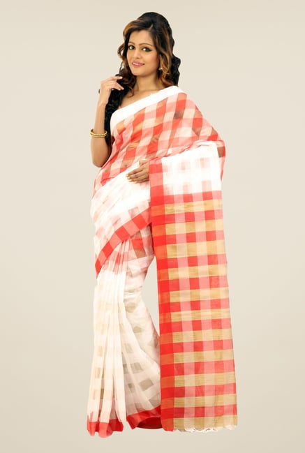 Bengal Handloom White & Red Cotton Silk Checked Saree Bengal Handloom White & Red Cotton Silk Checked Saree