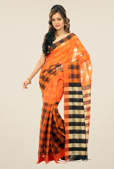 Bengal Handloom Orange & Black Cotton Silk Checked Saree Bengal Handloom Orange & Black Cotton Silk Checked Saree