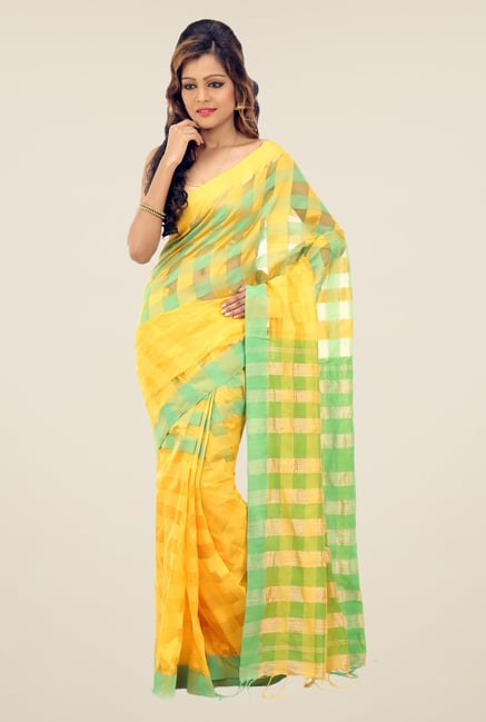 Bengal Handloom Yellow & Green Cotton Silk Checked Saree Bengal Handloom Yellow & Green Cotton Silk Checked Saree