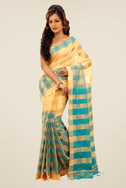 Bengal Handloom Beige & Turquoise Cotton Silk Checked Saree Bengal Handloom Beige & Turquoise Cotton Silk Checked Saree