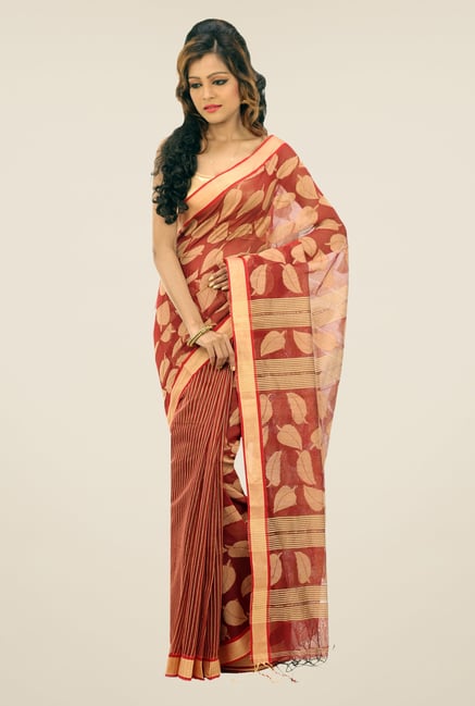 Bengal Handloom Rust & Beige Chora Pata Cotton Silk Saree Bengal Handloom Rust & Beige Chora Pata Cotton Silk Saree