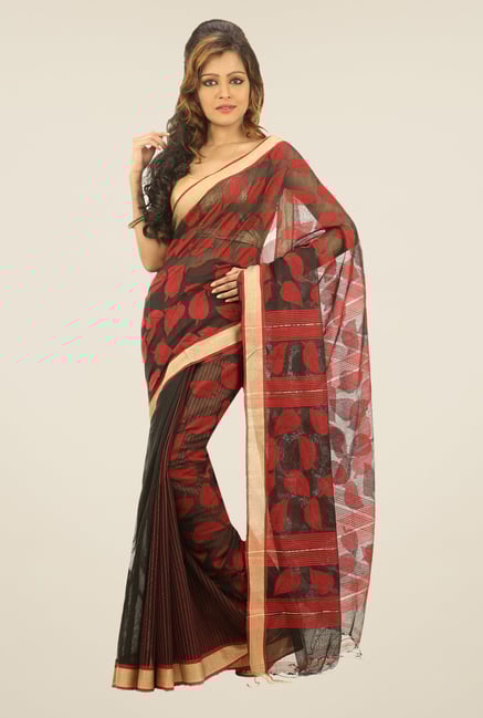 Bengal Handloom Black & Red Chora Pata Cotton Silk Saree Bengal Handloom Black & Red Chora Pata Cotton Silk Saree