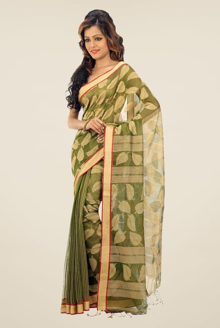 Bengal Handloom Olive & Beige Chora Pata Silk Saree Bengal Handloom Olive & Beige Chora Pata Silk Saree