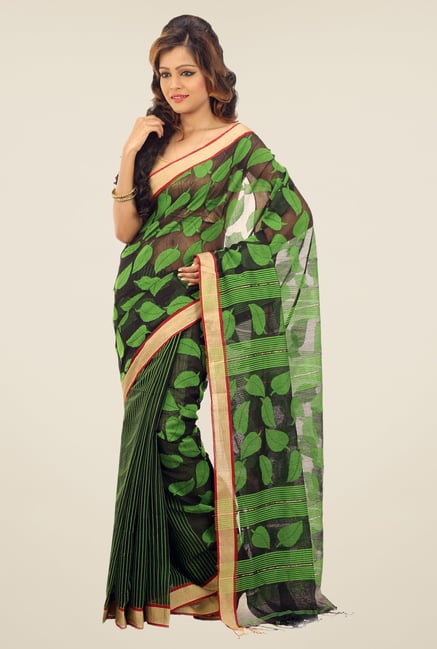 Bengal Handloom Black & Green Chora Pata Cotton Silk Saree Bengal Handloom Black & Green Chora Pata Cotton Silk Saree