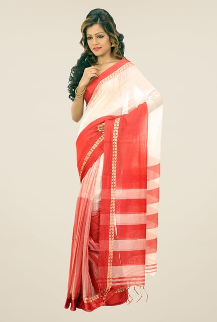 Bengal Handloom White & Red Hawai Mithai Silk Saree Bengal Handloom White & Red Hawai Mithai Silk Saree