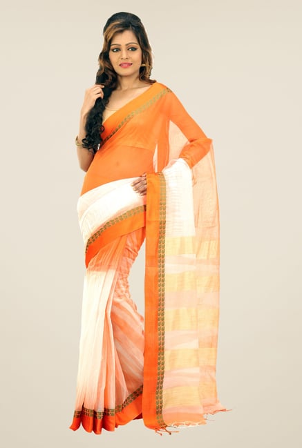 Bengal Handloom Orange & White Hawai Mithai Silk Saree Bengal Handloom Orange & White Hawai Mithai Silk Saree