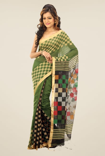 Bengal Handloom Green Checked Cotton Silk Saree Bengal Handloom Green Checked Cotton Silk Saree