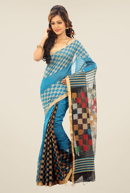 Bengal Handloom Sky Blue Checked Cotton Silk Saree Bengal Handloom Sky Blue Checked Cotton Silk Saree