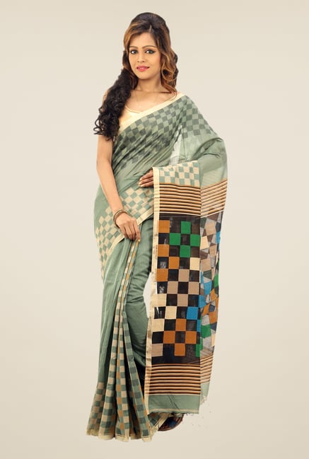 Bengal Handloom Kiwi Green Checked Cotton Silk Saree Bengal Handloom Kiwi Green Checked Cotton Silk Saree