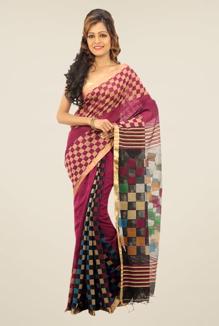 Bengal Handloom Maroon Checked Cotton Silk Saree Bengal Handloom Maroon Checked Cotton Silk Saree