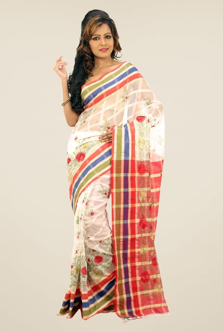 Bengal Handloom White Checked Applic Cotton Silk Saree Bengal Handloom White Checked Applic Cotton Silk Saree