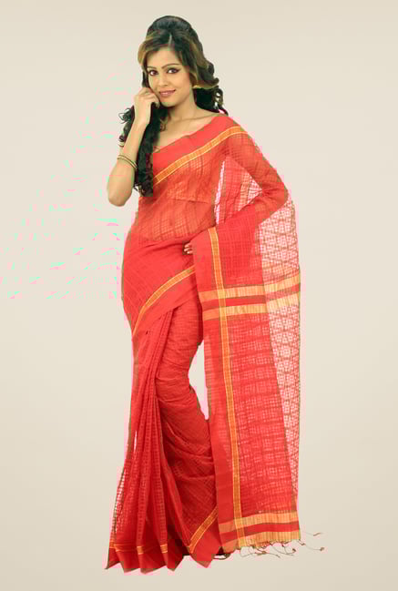 Bengal Handloom Red Net Cotton Silk Saree Bengal Handloom Red Net Cotton Silk Saree