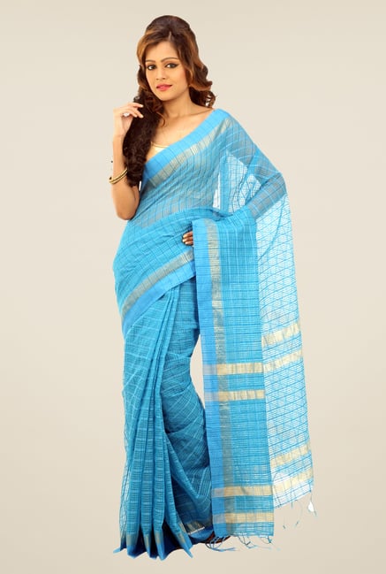 Bengal Handloom Sky Blue Net Cotton Silk Saree Bengal Handloom Sky Blue Net Cotton Silk Saree