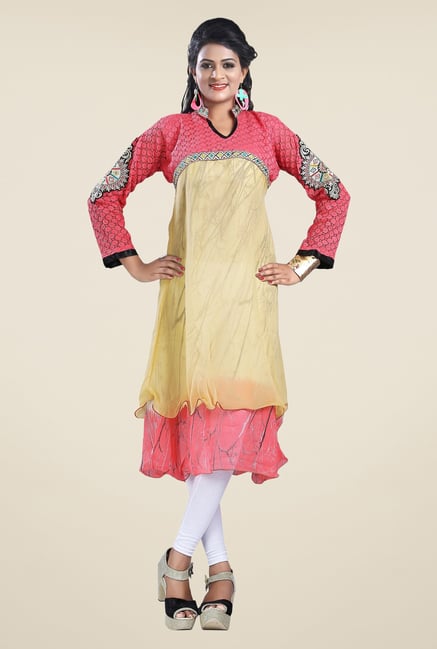 Triveni Coral & Beige Printed Faux Georgette Kurta Triveni Coral & Beige Printed Faux Georgette Kurta