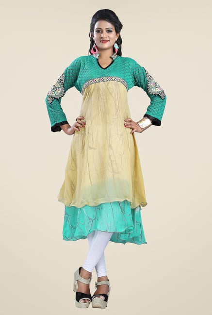 Triveni Teal & Beige Printed Faux Georgette Kurta Triveni Teal & Beige Printed Faux Georgette Kurta
