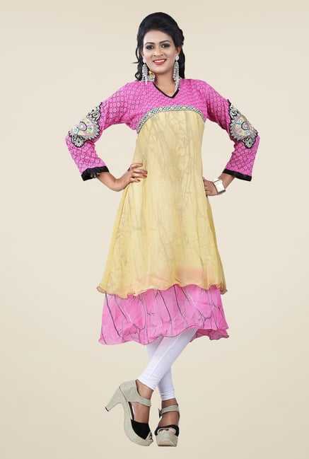 Triveni Pink & Beige Printed Faux Georgette Kurta Triveni Pink & Beige Printed Faux Georgette Kurta