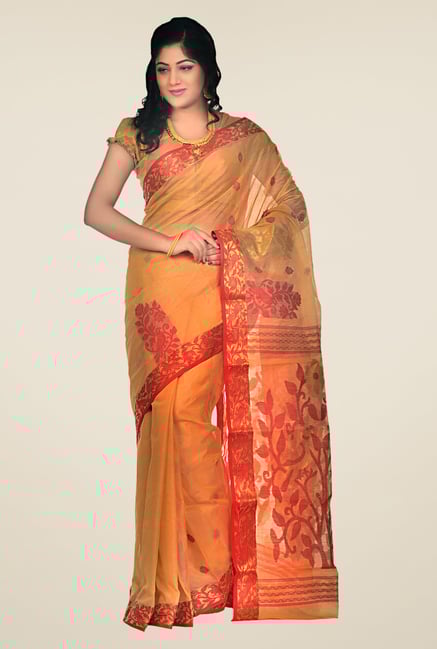 Bengal Handloom Mustard Velvet Tussar Silk Jamdani Saree Bengal Handloom Mustard Velvet Tussar Silk Jamdani Saree