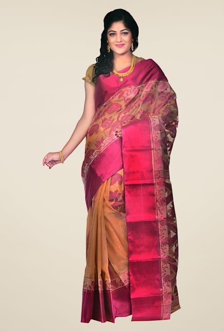 Bengal Handloom Beige & Pink Velvet Tussar Silk Jamdani Saree Bengal Handloom Beige & Pink Velvet Tussar Silk Jamdani Saree