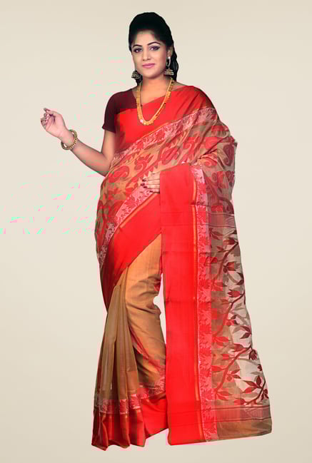 Bengal Handloom Beige & Red Velvet Tussar Silk Jamdani Saree Bengal Handloom Beige & Red Velvet Tussar Silk Jamdani Saree