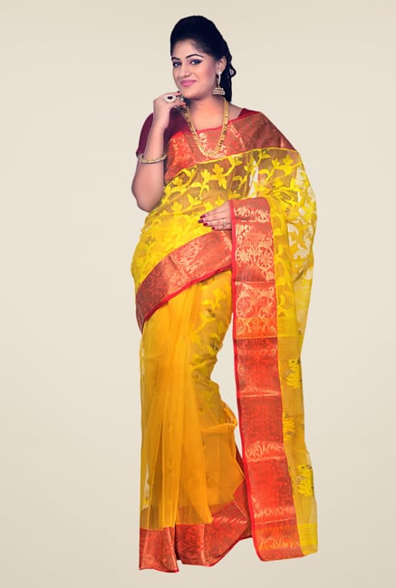 Bengal Handloom Yellow & Red Cotton Silk Jamdani Saree Bengal Handloom Yellow & Red Cotton Silk Jamdani Saree