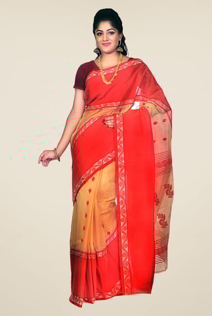 Bengal Handloom Beige & Coral Printed Cotton Saree Bengal Handloom Beige & Coral Printed Cotton Saree