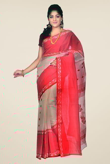 Bengal Handloom Beige & Red Printed Cotton Saree Bengal Handloom Beige & Red Printed Cotton Saree