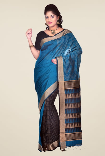 Bengal Handloom Black & Blue Cotton Silk Printed Saree Bengal Handloom Black & Blue Cotton Silk Printed Saree