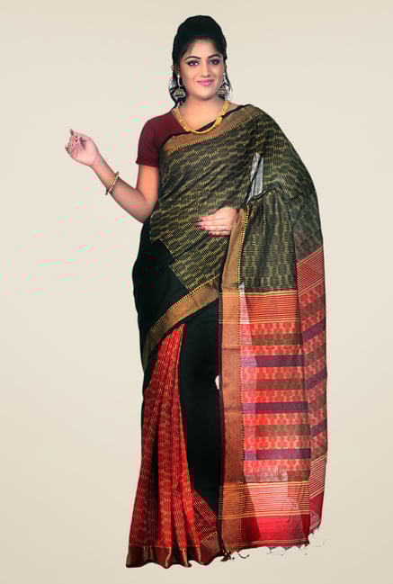 Bengal Handloom Black & Red Cotton Silk Printed Saree Bengal Handloom Black & Red Cotton Silk Printed Saree