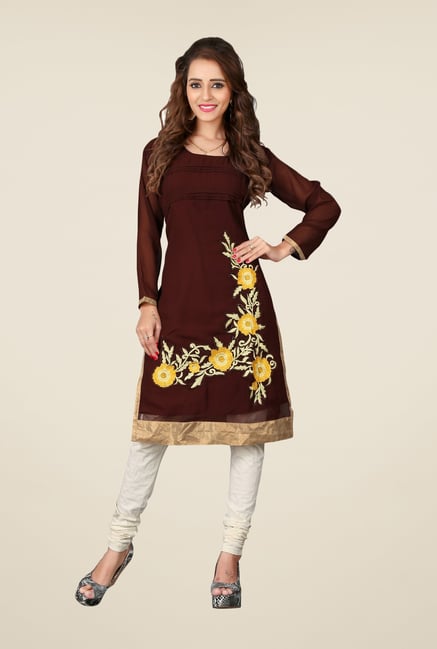 Triveni Brown Floral Print Faux Georgette Kurta Triveni Brown Floral Print Faux Georgette Kurta