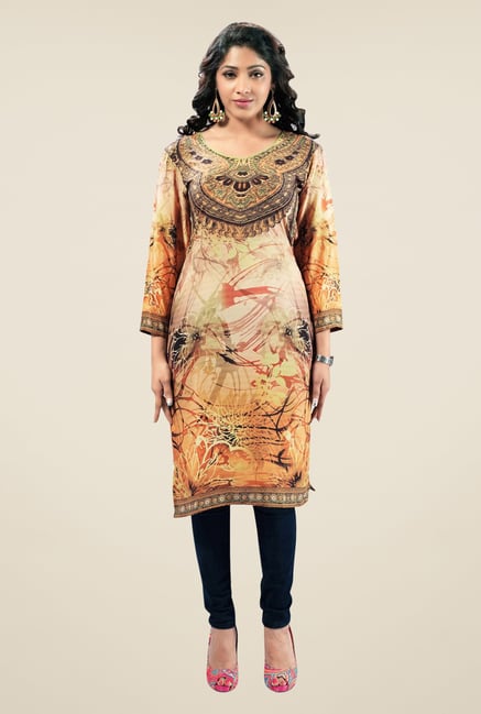 Triveni Beige Printed Crepe Kurta Triveni Beige Printed Crepe Kurta