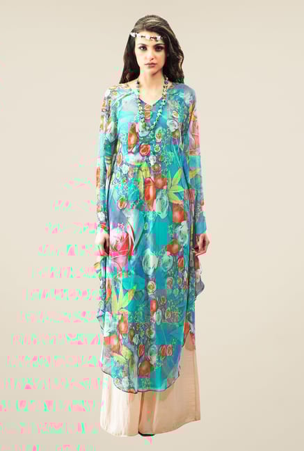 Triveni Turquoise Floral Printed Faux Georgette Kurta Triveni Turquoise Floral Printed Faux Georgette Kurta