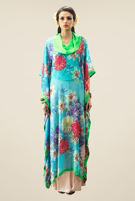 Triveni Turquoise Floral Printed Faux Georgette Kurta Triveni Turquoise Floral Printed Faux Georgette Kurta