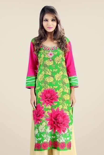Triveni Green Floral Printed Cotton Kurta Triveni Green Floral Printed Cotton Kurta