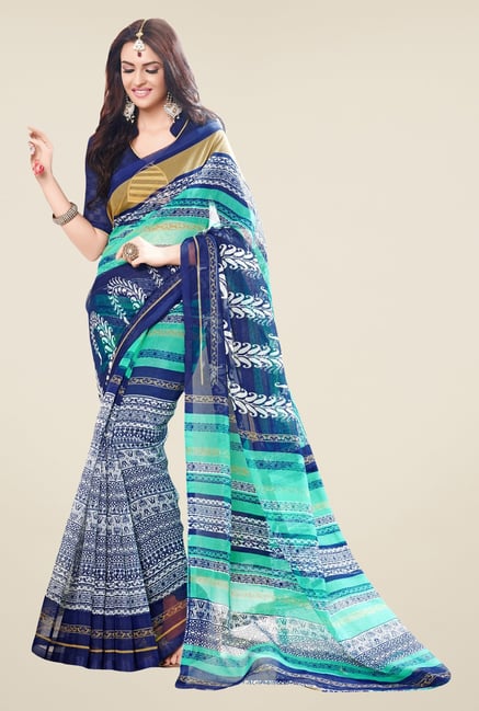 Triveni Navy Printed Supernet Saree Triveni Navy Printed Supernet Saree