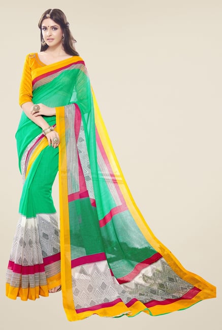 Triveni Green & White Printed Supernet Saree Triveni Green & White Printed Supernet Saree