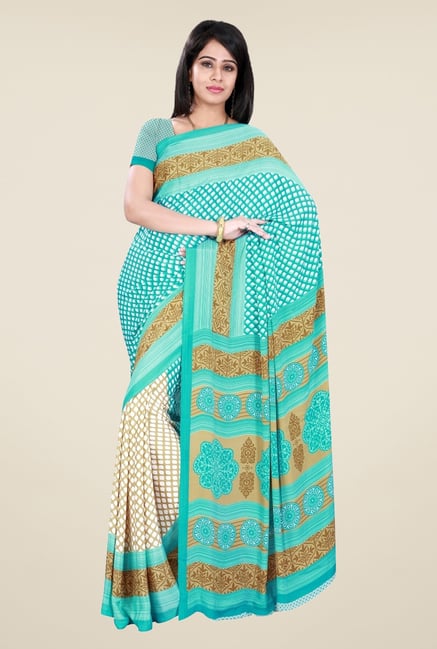 Triveni Beige & Turquoise Printed Crepe Saree Triveni Beige & Turquoise Printed Crepe Saree