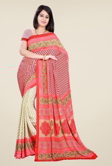 Triveni Beige & Coral Printed Crepe Saree Triveni Beige & Coral Printed Crepe Saree
