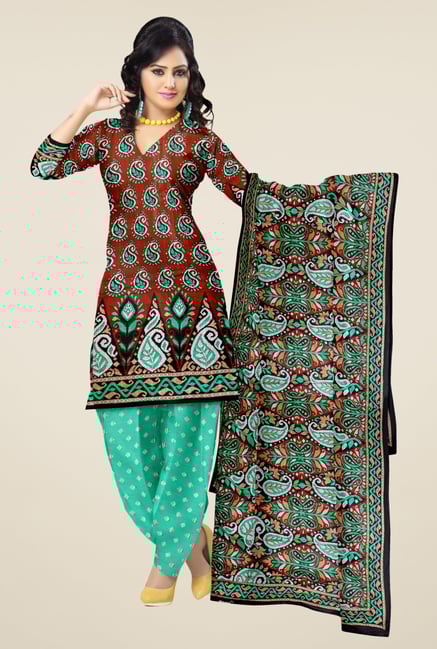 Triveni Brown & Turquoise Paisley Print Dress Material Triveni Brown & Turquoise Paisley Print Dress Material
