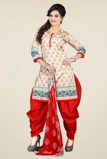 Triveni Beige & Red Block Print Dress Material Triveni Beige & Red Block Print Dress Material