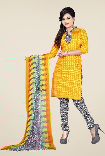 Triveni Mustard & Black Printed Dress Material Triveni Mustard & Black Printed Dress Material