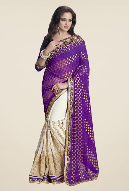 Triveni Off White & Purple Embroidered Saree Triveni Off White & Purple Embroidered Saree