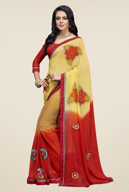 Triveni Yellow & Red Printed Faux Georgette Saree Triveni Yellow & Red Printed Faux Georgette Saree