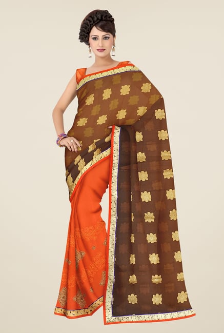 Triveni Orange & Brown Printed Faux Georgette Saree Triveni Orange & Brown Printed Faux Georgette Saree