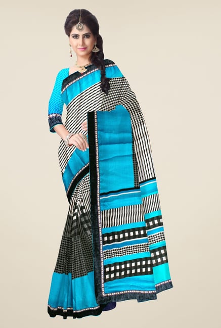 Triveni Blue & Grey Checks Satin & Chiffon Saree Triveni Blue & Grey Checks Satin & Chiffon Saree