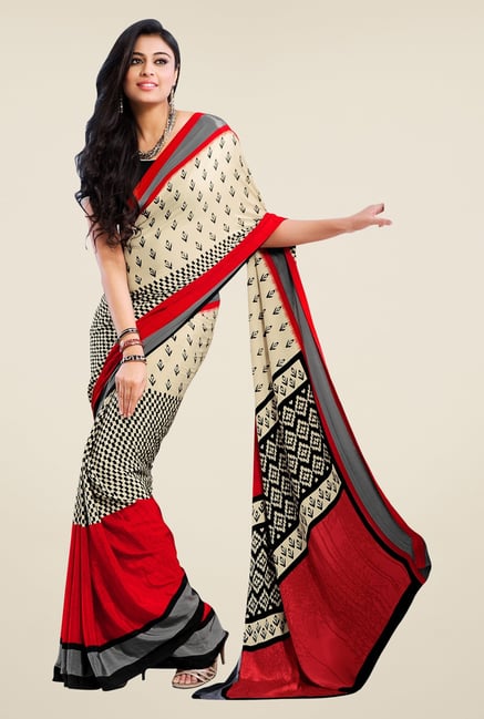 Triveni Beige & Red Printed Crepe Saree Triveni Beige & Red Printed Crepe Saree