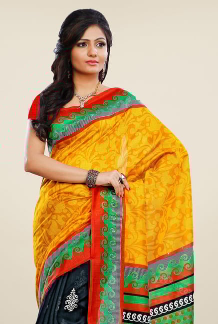Triveni Black & Yellow Printed Art Silk Saree Triveni Black & Yellow Printed Art Silk Saree
