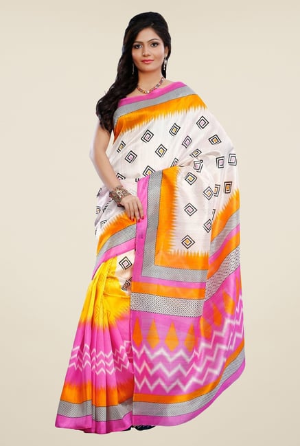 Triveni Yellow & Pink Printed Art Silk Saree Triveni Yellow & Pink Printed Art Silk Saree