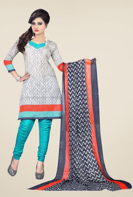 Triveni White & Turquoise Printed Dress Material Triveni White & Turquoise Printed Dress Material