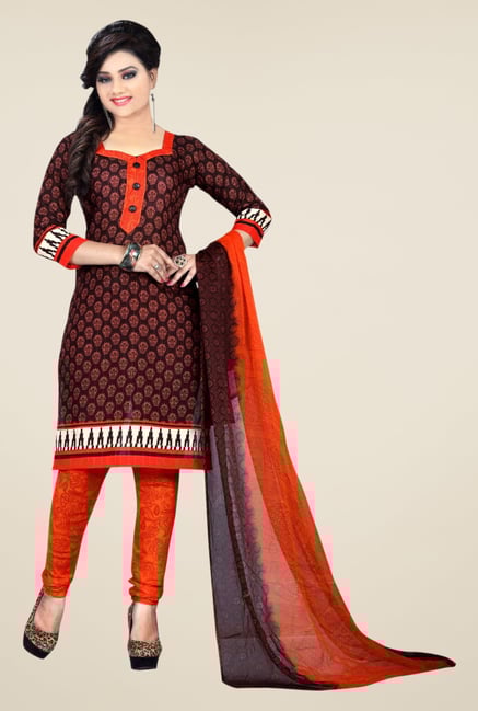 Triveni Brown & Orange Printed Dress Material Triveni Brown & Orange Printed Dress Material