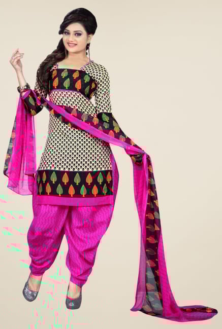 Triveni Beige & Pink Printed Dress Material Triveni Beige & Pink Printed Dress Material